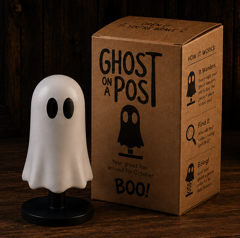 Ghost on a Post figurine next to its kraft packaging