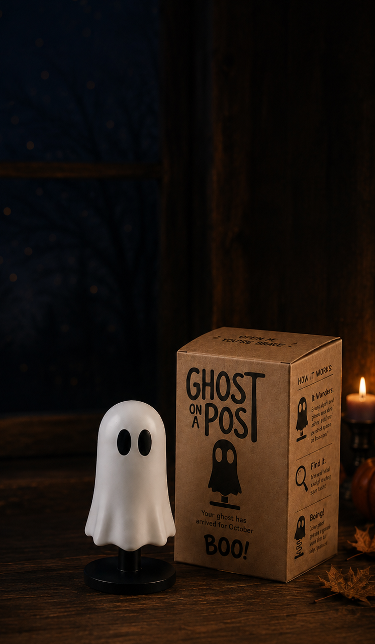 Ghost on a Post figurine beside its kraft gift box on a candlelit wooden table