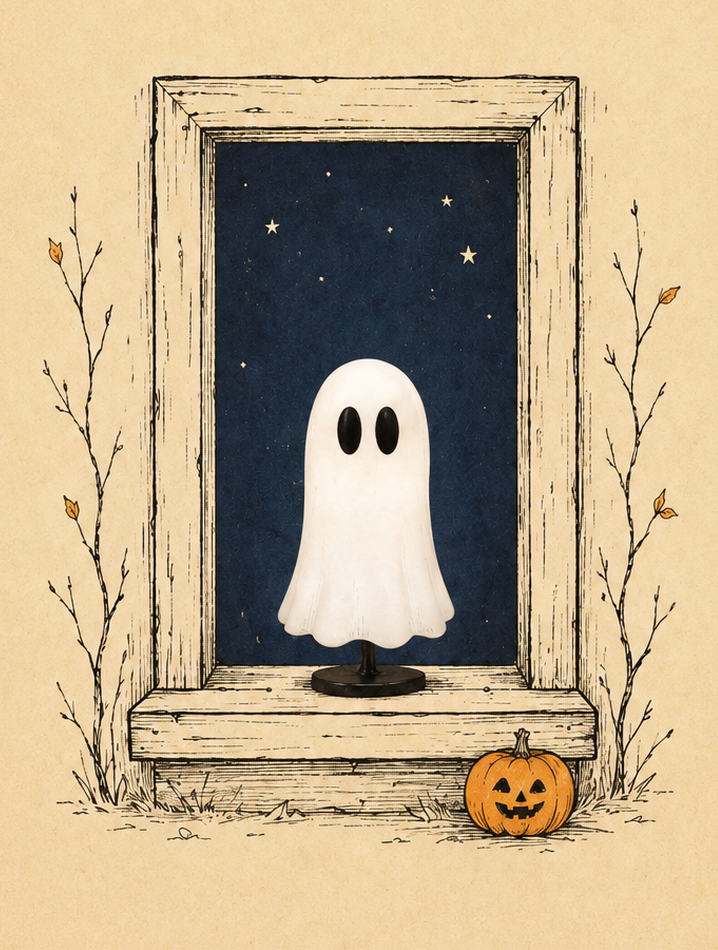 Ink illustration of the Ghost on a Post sitting in an old window at night