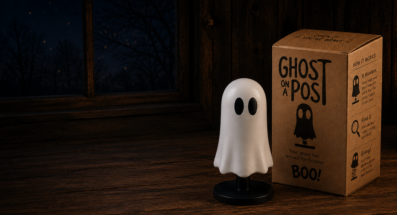 Ghost on a Post figurine beside its kraft gift box on a candlelit wooden table